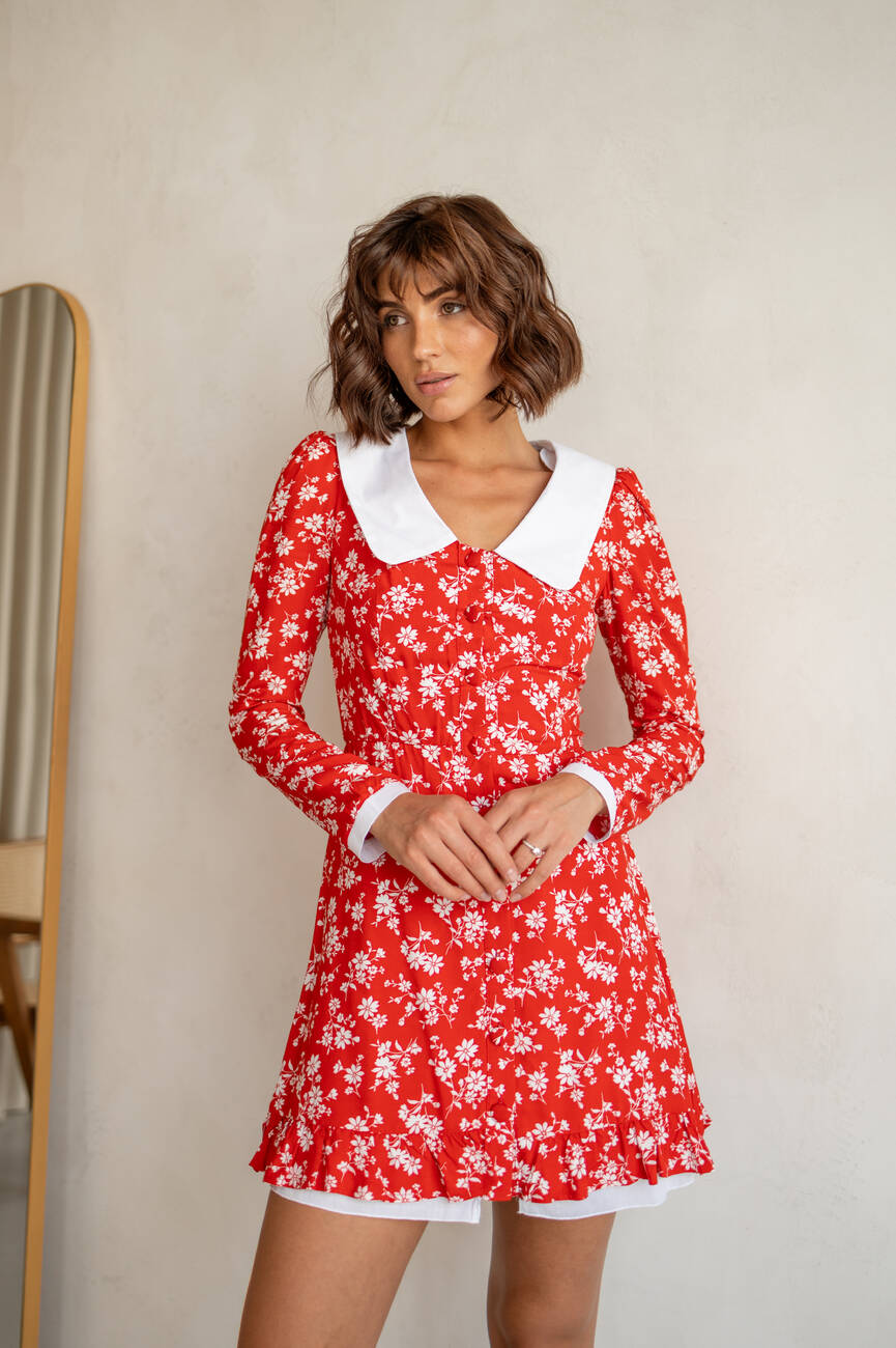 Dress EMMA in a floral print with a white red color