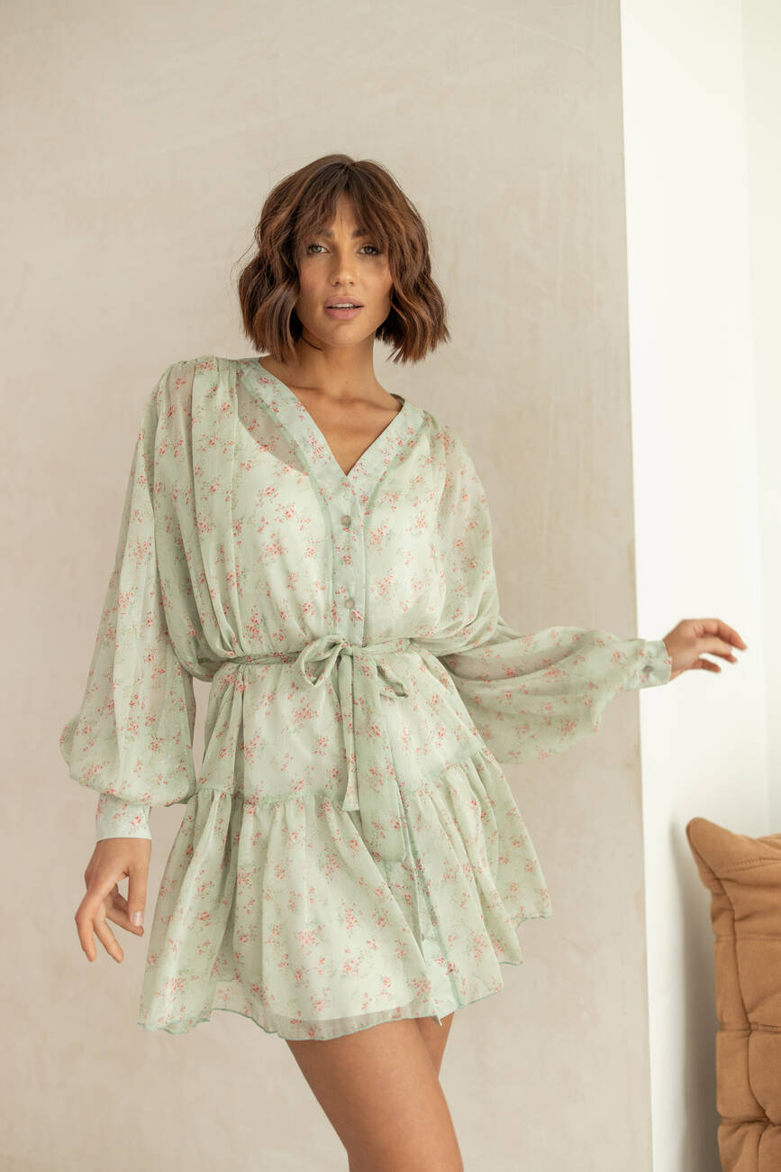 Dress ANN with a belt color olive flowers