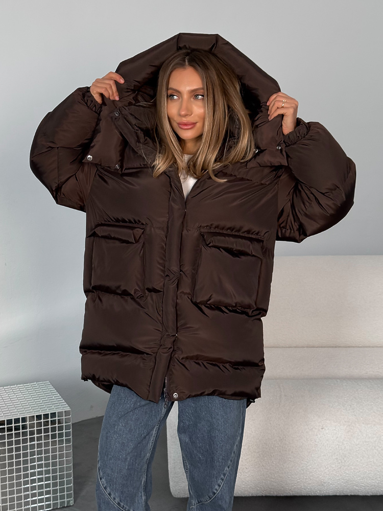 Puffer jacket BEZE LONG dark chocolate color