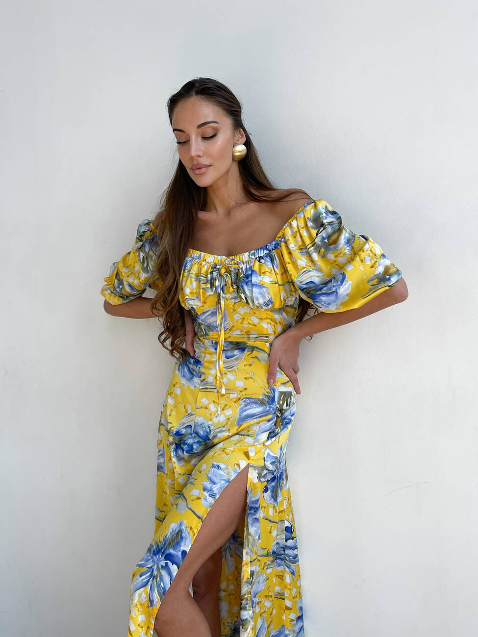 SOFI silk dress midi length yellow-blue color